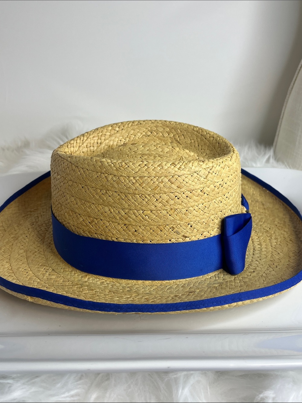 Biltmore Straw Sun Hat with Royal Blue Grosgrain Band and Crest - Picture 7 of 9